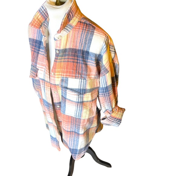 ACOA plaid shacket with oversized chest pockets, button front close blue/pink S - Picture 2 of 13